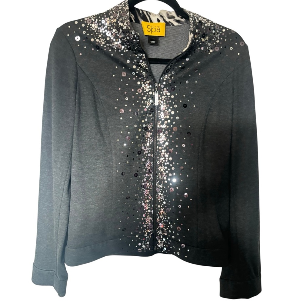 ST JOHN Womens Gray Cardigan Jacket Sequin Embellishments SZ S Petite Party Chic - Picture 3 of 7